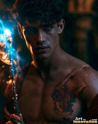 Turned toward the dark room, a shirtless man holds a bright blue wand