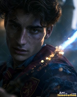 A bruised young man in a dark robe looks ahead as blue sparks fly past him