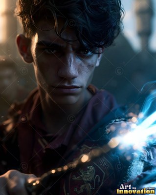In a dark courtyard, a young man raises a wand sparking with bright blue light