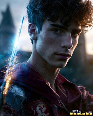Holding a bright wand, a dark-haired young man stands outside in a red cloak