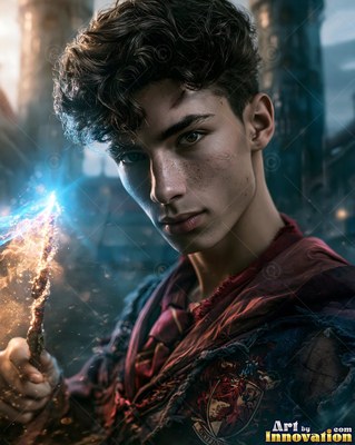 A young man in red robes holds a wand sparking with light