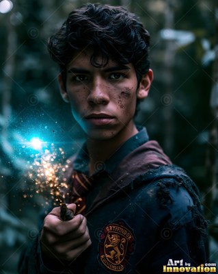 Dirt smudges cover the face of a young man holding a sparking wand in a dark forest