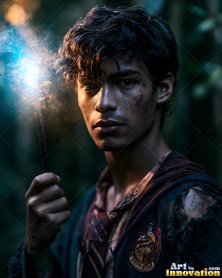 A young man raises a dark wand that shines with bright blue sparks in the shadows