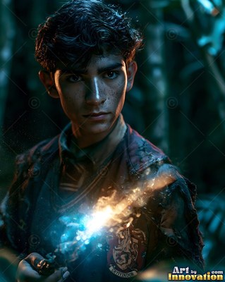 Facing forward in dark woods, a young man clutches a lit magic wand
