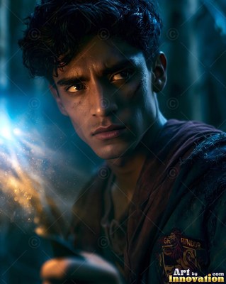 A young man in a dark robe holds a wand that sparks blue and gold light