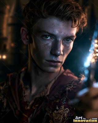 In a dark castle, a young man in robes holds up a spark of blue light