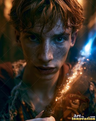 Holding a bright wand, a freckled young man stares forward with blue eyes in shadow