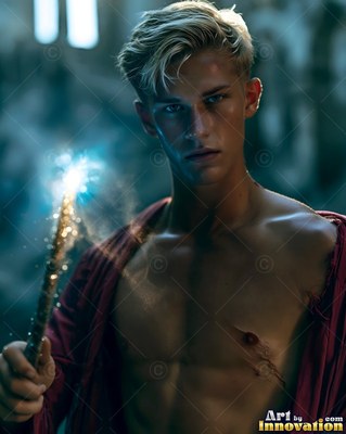 A shirtless blond man holds a sparkling wand in blue light