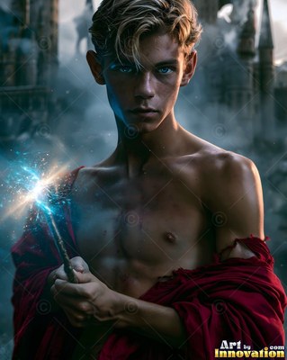 Draped in a torn red cloak, a young man raises a sparkling wand before castle towers
