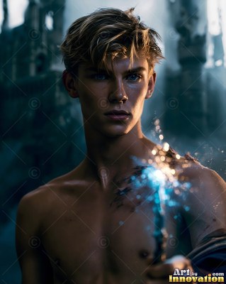 A shirtless young man holds a sparking wand that casts bright blue light across his chest