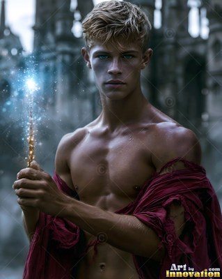 Facing forward before a stone castle, a shirtless man holds a sparkling wand