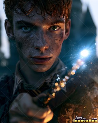 A young man with dirt on his face points a wand sparking with bright blue light
