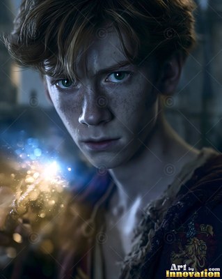 In a dim hall, a young freckled man holds up a sparkling wand