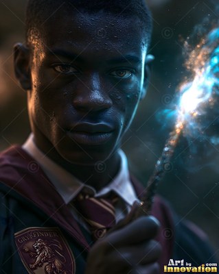 Holding a wand with bright blue light, a young Black man wears a school robe