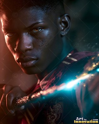 A young Black man holds a sparkling blue wand in the dark