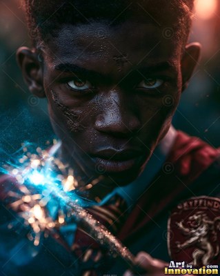 Scars mark the dark face of a young man holding a sparking wand in a dim castle hall