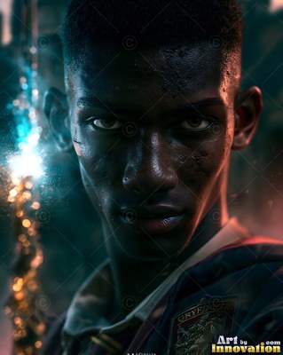 A young Black man stares forward while bright blue sparks burst near his face