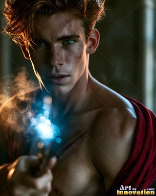 Facing forward in a dim room, a shirtless man points a wand with blue sparks
