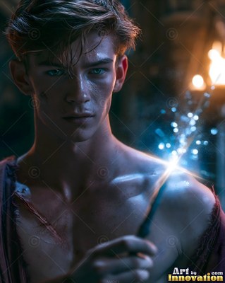 A young man holds up a wand with blue sparks flying from the tip