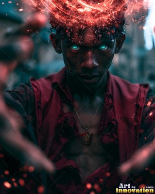 In a dark hall, a young man in red robes casts bright fire around his head