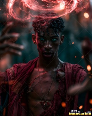 Summoning a ring of red fire above his head, a young man wears a torn red robe