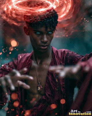 A man in red robes holds out his hands beneath a red halo