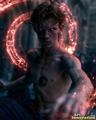 A shirtless young man with a pendant summons bright orange rings of fire in a dark hall