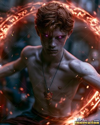 A shirtless young man leans forward inside a ring of bright red firelight