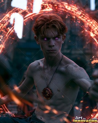 Facing forward in a courtyard, a shirtless man casts a red ring of fire