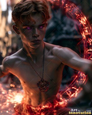 A shirtless young man with purple eyes reaches through a red magic circle