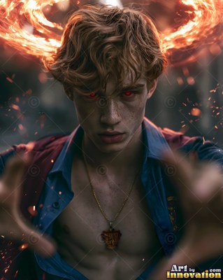 In a dark hall, a young man with red eyes summons rings of bright fire