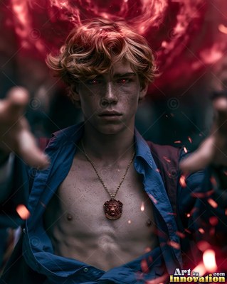 Reaching forward, a young blond man stands in an open blue shirt under red sparks