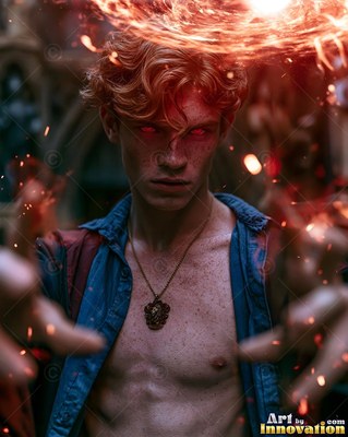 A man with curly red hair conjures red sparks around his hands