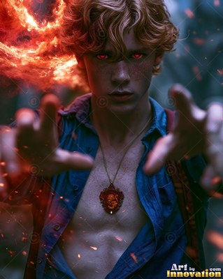 Curly red hair frames a young man in an unbuttoned blue shirt, casting bright fire outdoors