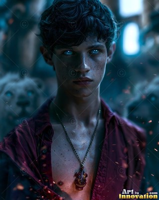 A young man stares forward with blue eyes in dark blue shadows with sparks