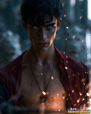 In a dim courtyard, a dark-haired man with blue eyes wears an open red shirt