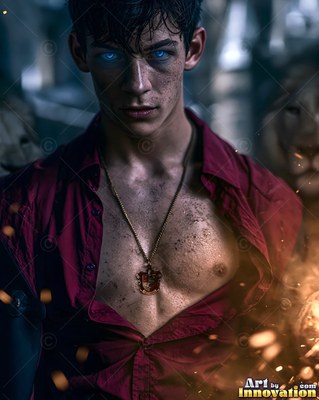 In a dark hall, a man with bright blue eyes stands in an unbuttoned red shirt