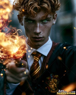 Aiming a spark-tipped wand, a young man with green eyes stands in school robes
