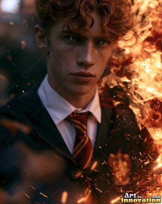 A red-haired young man in a school uniform stands by bright fire flames