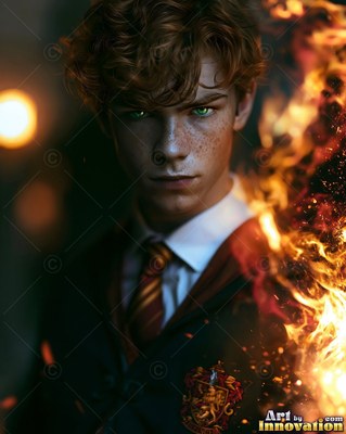 Green eyes stare forward as a young man in a school tie stands beside bright fire