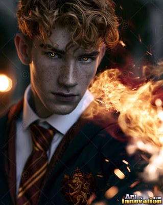 A young man in a school tie casts bright fire that throws sparks across his face