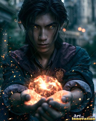Facing forward in a courtyard, a young man holds fire in his cupped hands