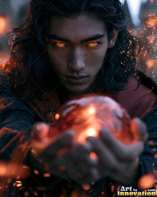 A young man carries a fiery red orb in his hands with sparks flying around him