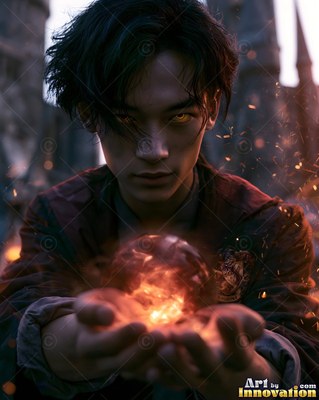 Outside a castle, a young man grips a ball of fiery orange light in his hands