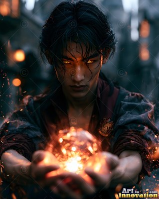 Holding a ball of orange fire in his cupped hands, a dark-haired man gazes forward