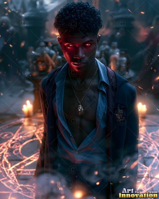 Young man with red eyes stands in an open shirt over a magic circle