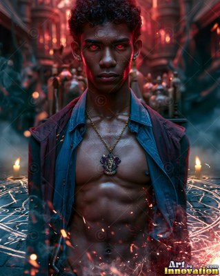 An open blue shirt reveals a man with red eyes standing over a magic circle in a dark room