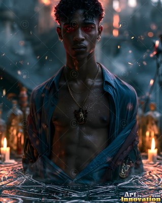 A man stands in an open shirt behind lit candles, his eyes filled with bright red light