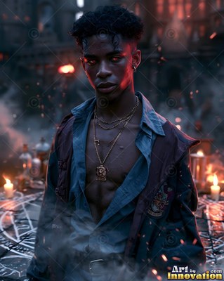 Standing forward in a dark courtyard, a young man wears an open jacket and gold chains