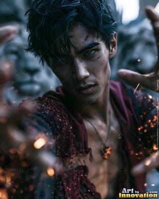A man in a torn red shirt reaches forward as bright sparks fly around him